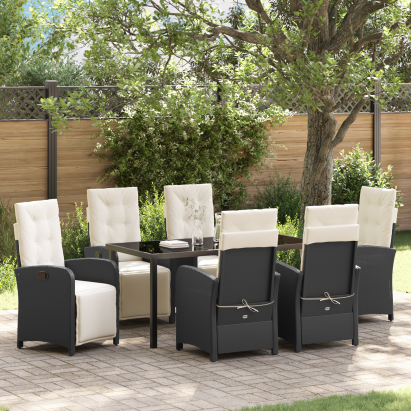 Set de dining pentru grădină  cu 7 piese și perne Negru Ratan Poli, Masă de grădină  Neagră 160x80x73 cm Sticlă Temperată GartenMobel Dekor
