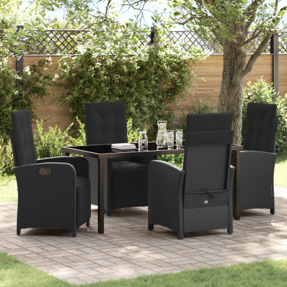 Set de dining pentru grădină  5 piese cu perne Ratan Polimeric Negru, Masa de grădină  Negru 160x80x73 cm Sticlă Temperată GartenMobel Dekor
