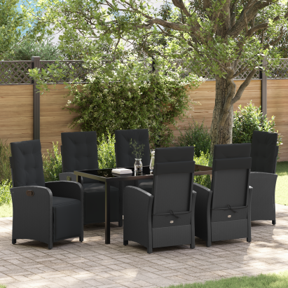 Set de dining pentru grădină  cu 7 piese și perne negru ratan poli, Masă de grădină  neagră 160x80x73 cm sticlă temperată GartenMobel Dekor
