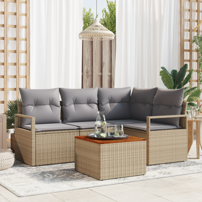 Set de 5 Piese für Grădină cu Pernițe Bej Ratan Polimeric Acacia, Sofa de Grădină cu 2 Locuri cu Pernițe Bej Ratan Polimeric GartenMobel Dekor