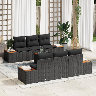 Set Sofa Grădină cu 7 Piese și Perne Negru Poli Ratan Acacia GartenMobel Dekor