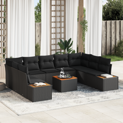 Set de Canapea de Grădină cu 10 Piese cu Perne Negru Poli Ratan Acacia GartenMobel Dekor