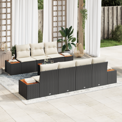 Set canapea de 8 piese pentru grădină cu perne Negru Rattan sintetic Acacia, Canapea de grădină pentru 2 persoane cu depozitare și perne Negru Rattan sintetic GartenMobel Dekor