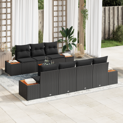 Set de Sofa pentru Grădină  de 8 Piese cu Perne Negre Ratan Polimeric Acacia, Sofa pentru Grădină  de 2 Locuri cu Spațiu de Stocare & Perne Negre Ratan Polimeric GartenMobel Dekor