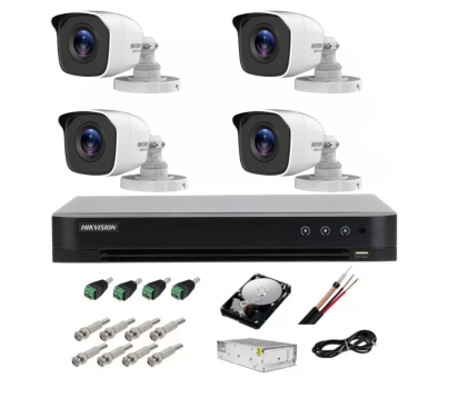 Kit complet supraveghere 5 MP lite Hiwatch by Hikvision Turbo HD cu 4 camere Bullet IR 20m, alimentator, cabluri, mufe, HDD 1 Tb, vizualizare pe internet SafetyGuard Surveillance