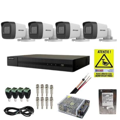 Kit complet supraveghere 5 MP Hikvision Turbo HD cu 4 camere Bullet IR 30 m, alimentator, cabluri, mufe, HDD 1 Tb, vizualizare pe internet SafetyGuard Surveillance