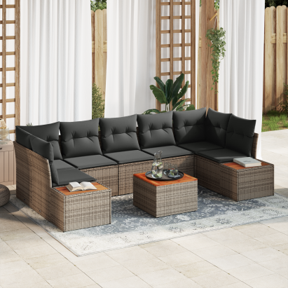 Set de canapea de grădină  cu 8 piese, cu perne, gri, rattan, acacia, Canapea de grădină  cu 2 locuri, cu spațiu de depozitare și perne, gri, rattan GartenMobel Dekor