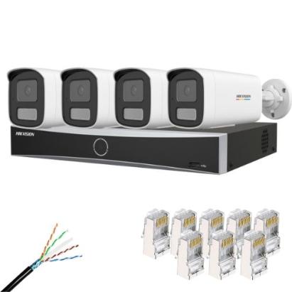 Kit supraveghere IP Hikvision 4 camere IP 4MP Lentila 4mm IR 50m Lumina Alba 50m Microfon, NVR 4 Canale PoE 12MP, Cablu CAT6 FTP Si Mufe SafetyGuard Surveillance