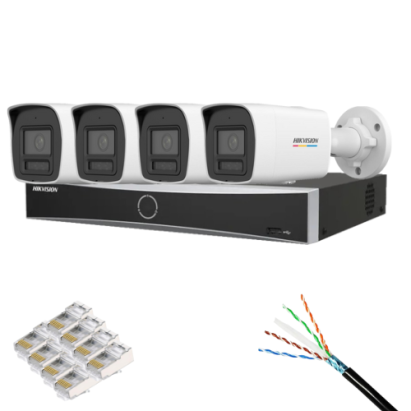 Kit supraveghere Hikvision 4 camere IP 6MP IR/Lumina Alba 30m PoE ColorVu, NVR AcuSense 8 Canale 12MP PoE, Cablu CAT6 FTP Rola 100m si Mufe RJ-45 SafetyGuard Surveillance