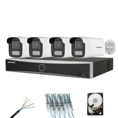 Sistem supraveghere complet 4 camere Hikvision 8MP Smart Dual Light 30m microfon, NVR AcuSense 8 canale, HDD si accesorii instalare incluse SafetyGuard Surveillance