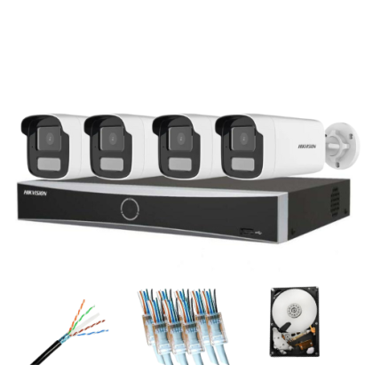 Sistem supraveghere IP complet 4 camere Hikvision 8MP Smart Hybrid Light 50m microfon, NVR AcuSense 8 canale, HDD si accesorii instalare incluse SafetyGuard Surveillance