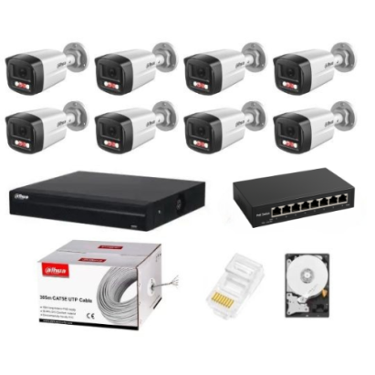 Sistem supraveghere complet Dahua 8 camere IP 4MP Dual Light 30m Microfon NVR 8 canale HDD si accesorii instalare incluse SafetyGuard Surveillance