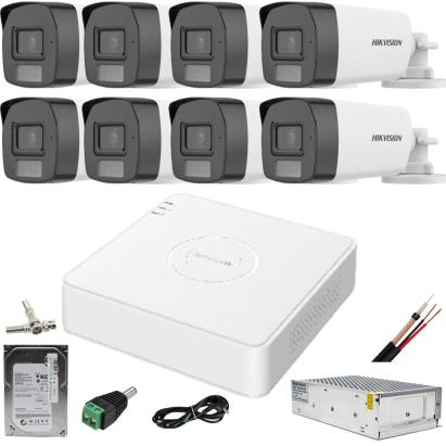 Sistem supraveghere Hikvision 8 camere color vue 2MP Dual Light, microfon, IR 40m lumina alba DVR 4MP acu sense cu accesorii incluse si HDD 1TB SafetyGuard Surveillance