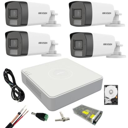 Sistem supraveghere Hikvision 4 camere Dual Light 5 MP cu microfon Lumina alba 40 m IR DVR 4 canale 4 MP lite, Accesorii si hdd inclus SafetyGuard Surveillance