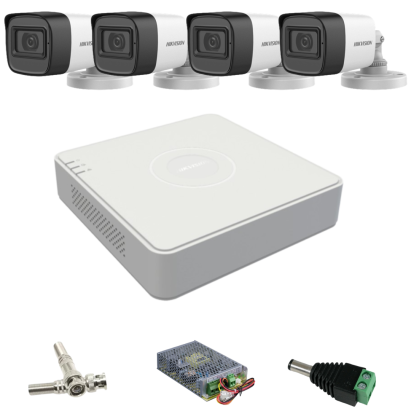 Sistem de supraveghere Hikvision cu 4 camere de 2 Megapixeli, lentila 2.8mm, Infraroșu 30m, Microfon, DVR cu 4 canale 4MP Lite, Accesorii incluse SafetyGuard Surveillance