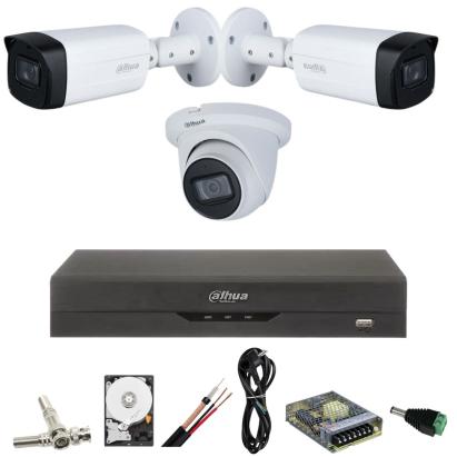 Sistem de supraveghere Dahua cu 3 camere 5MP, 2 exterior IR 80m, 1 interior,IR 30M, Starlight, DVR Dahua 4 canale, 5 MP, Hard, Accesorii incluse SafetyGuard Surveillance