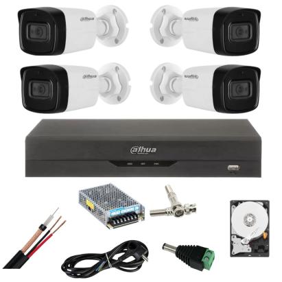 Sistem de supraveghere Dahua cu 4 camere 5 Megapixeli, Infrarosu 80m, Microfon, DVR 4 canale 5 Megapixeli, Hard 1TB, Accesorii SafetyGuard Surveillance