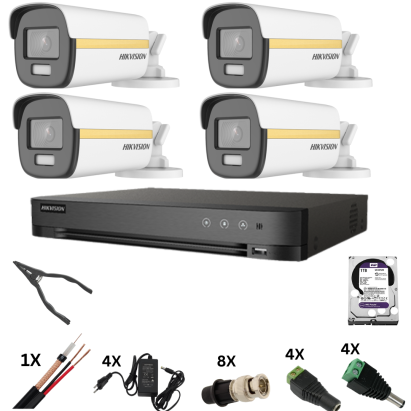 Sistem de supraveghere Hikvision 4k cu 4 camere, ColorVu 8 Megapixeli, Lumina Color 40m noaptea, DVR 4 canale 8 Megapixeli, Hard, Accesorii SafetyGuard Surveillance
