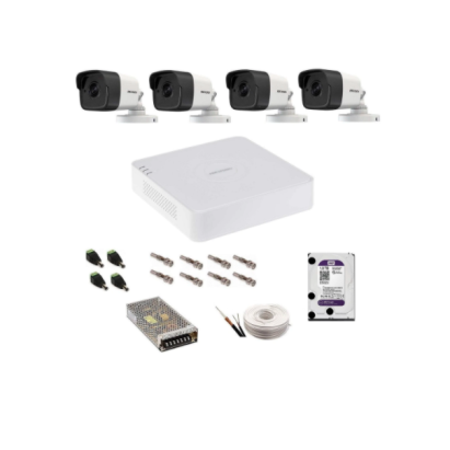 Kit complet supraveghere 5 MP Hikvision Turbo HD cu 4 camere exterior DVR TurboHD 8MP IR 25m HDD 1 Tb accesorii complete vizualizare pe telefonul mobil SafetyGuard Surveillance