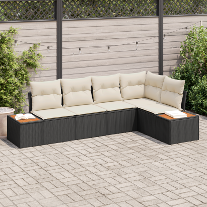 Set canapea grădină  5 piese cu perne - Rattan negru și acacia, Canapea grădină  2 locuri cu depozitare și perne - Rattan negru GartenMobel Dekor