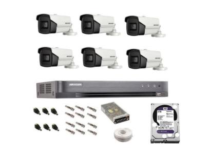 Sistem complet de supraveghere profesional Hikvision 6 camere IR60m, DVR 8 canale Turbo HD, inregistrare 4K, HDD 2 Tb, 100 m cablu CCTV, vizualizare pe telefon SafetyGuard Surveillance