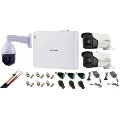 Kit supraveghere Hikvision 3 camere 1 Speed Dome TurboHD 2MP IR 100m zoom 25X 2 camere 5MP ir 40m DVR 4 canale full accesorii SafetyGuard Surveillance