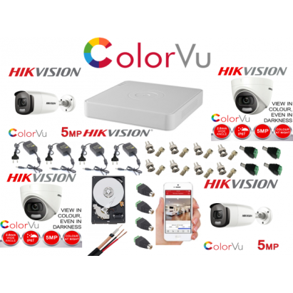 Kit supraveghere profesional mixt Hikvision Color Vu 4 camere 5MP IR40m si IR20m DVR 4 canale full accesorii si HDD 1TB SafetyGuard Surveillance