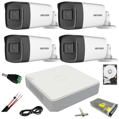 Sistem supraveghere video ultra profesional Hikvision 4 camere exterior 5MP Turbo HD cu IR 80M DVR 4 canale full accesorii cu HARD 1TB SafetyGuard Surveillance