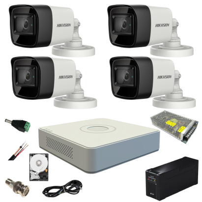 Sistem supraveghere video ultra profesional cu UPS Hikvision 4 camere exterior 5MP Turbo HD cu IR 80M full accesorii cu HARD SafetyGuard Surveillance