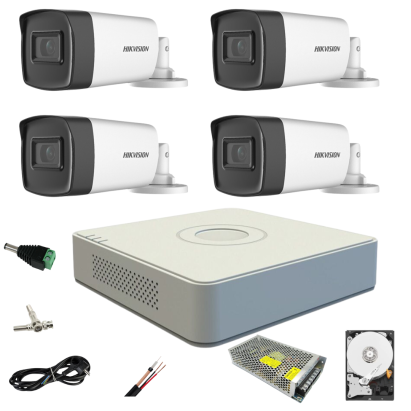 Sistem supraveghere video Hikvision 4 camere de exterior 5MP Turbo HD 2 cu IR 80M si 2 cu IR 40M DVR 4 canale full accesorii HDD 1TB SafetyGuard Surveillance