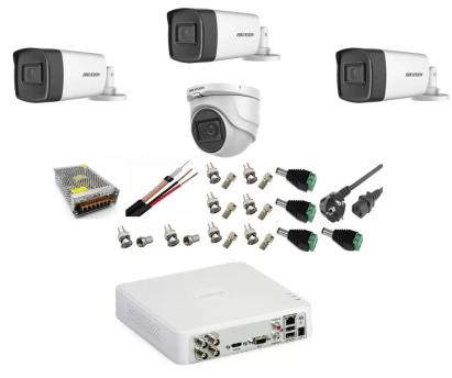 Sistem supraveghere video profesional Hikvision 4 camere 5MP 3 exterior Turbo HD IR 40M 1 interior IR 20m DVR TurboHD 4 canale cu full accesorii SafetyGuard Surveillance