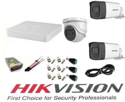 Sistem supraveghere video profesional Hikvision 3 camere 5MP 2 exterior Turbo HD IR 40 M si 1 interior IR 20m DVR 4 canale cu full accesorii SafetyGuard Surveillance