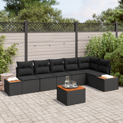 Set Canapea Grădină  cu Perne Negru Rattan Polimer Acacia, Canapea Grădină  pentru 2 Persoane cu Spațiu de Stocare & Perne Negru Rattan Polimer GartenMobel Dekor