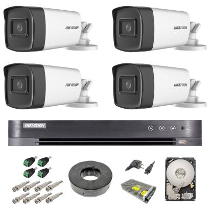 Sistem supraveghere video exterior complet Hikvision 4 camere Turbo HD 5 MP 80 m IR cu toate accesoriile, HDD 1tb SafetyGuard Surveillance