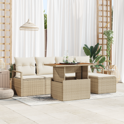 Set de 6 Piese de Sofa pentru Grădină cu Perne Bej Ratan Poli, Sofa pentru Grădină cu 2 Locuri și Spațiu de Stocare & Perne Bej Ratan Poli GartenMobel Dekor