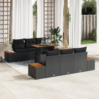 Set de Sofa pentru Grădină  7 Piese cu Perne Negru Poliratan, Sofa pentru Grădină  cu 2 Locuri cu Spațiu de Depozitare & Perne Negru Poliratan GartenMobel Dekor