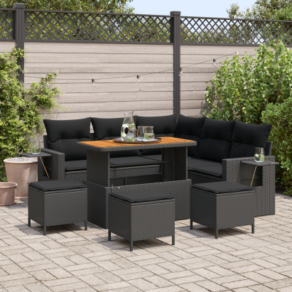 Set Canapea Grădină 9 Piese cu Perne - Poli Ratan Negru Acacia, Set Dining Grădină 4 Piese cu Perne - Poli Ratan Negru Acacia GartenMobel Dekor