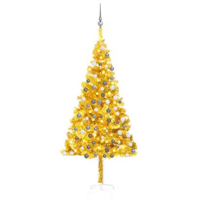 Brad Crăciun pre-iluminat cu set globuri, auriu, 180 cm, PET GartenMobel Dekor
