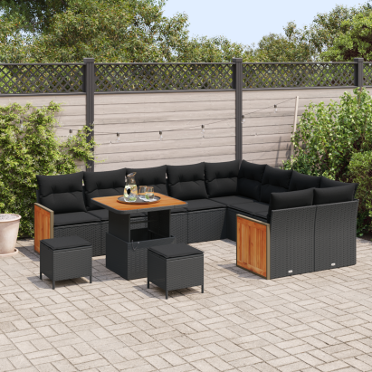 Set de mobilier pentru grădină  cu 12 piese și perne Negru Ratan Poli Acacia, Set de dining pentru grădină  cu 3 piese și perne Negru Ratan Poli Acacia, Sofa pentru grădină cu 2 locuri  cu perne Negru Ratan Poli GartenMobel Dekor