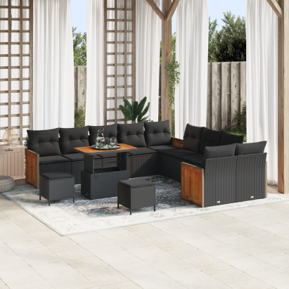 Set de sofa de grădină  cu 13 piese și perne Negru Poliratan Acacia, Sofa de grădină  cu 2 locuri și perne Negru Poliratan, Set de dining de grădină  cu 3 piese și perne Negru Poliratan Acacia GartenMobel Dekor