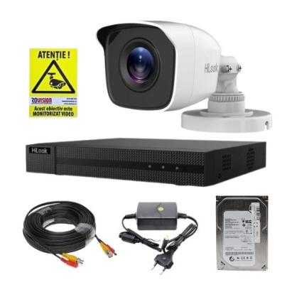 Sistem supraveghere analog Hikvision Hilook, 1 camera 2 MP, lentila 2.8mm, IR 20m, DVR 4 canale 4 MP, hard disk 500GB, accesorii SafetyGuard Surveillance