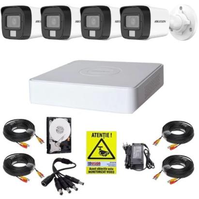 Sistem supraveghere complet Hikvision 4 camere 2MP Dual Light Audio, DVR 4 canale 4MP, Accesorii, HDD 500GB + Autocolant Rovision SafetyGuard Surveillance