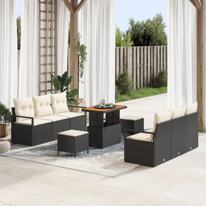 Set de canapea de grădină  cu 9 piese, perne negre din rattan poli și acacia, Set de canapea de grădină  pentru 2 persoane, perne negre din rattan poli, Set dining de grădină  cu 3 piese, perne negre din rattan poli și acacia GartenMobel Dekor
