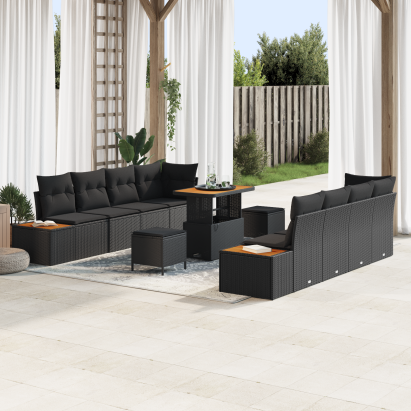 Set de Sofa pentru Grădină cu 11 Piese cu Perne Negru Poliratan Acacia GartenMobel Dekor