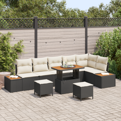 Set de 9 Piese Sofa de Grădină  cu Perne Negru Ratan Polimer Acacia, Sofa de Grădină  pentru 2 Persoane cu Spațiu de Depozitare & Perne Negru Ratan Polimer, Set de 3 Piese pentru Masa de Grădină cu Perne Negru Ratan Polimer Acacia GartenMobel Dekor