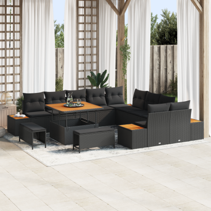 Set de canapea de grădină  cu 13 piese cu perne Negru Rattan sintetic Acacia, Canapea de grădină  cu 2 locuri cu depozitare și perne Negru Rattan sintetic, Set de masă de grădină  cu 3 piese cu perne Negru Rattan sintetic Acacia GartenMobel Dekor