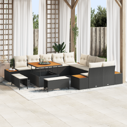 Set de Sofa pentru Grădină  13 Piese cu Perne Negru Ratan Poli Acacia, Sofa pentru Grădină  cu 2 Locuri și Depozitare & Perne Negru Ratan Poli, Set de Dining Grădină  3 Piese cu Perne Negru Ratan Poli Acacia GartenMobel Dekor