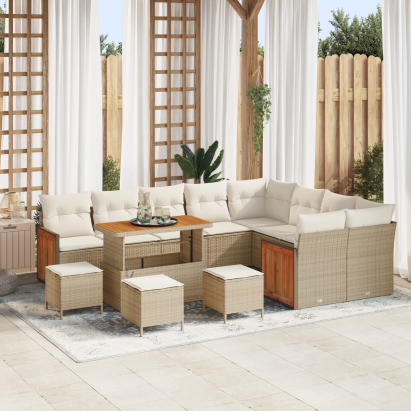 Set de sofa de grădină  cu 13 piese și perne Bej Ratan Poli Acacia, Set de dining de grădină  cu 4 piese și perne Bej Ratan Poli Acacia GartenMobel Dekor