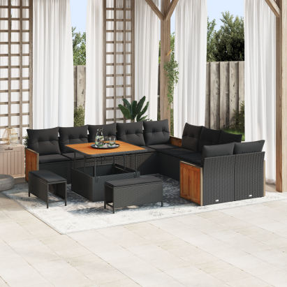 Set de Sofa pentru Grădină  de 13 piese cu Perne Negru Poliratan Acacia, Set de Cină pentru Grădină  de 3 piese cu Perne Negru Poliratan Acacia GartenMobel Dekor