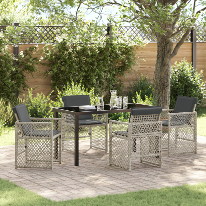 Set de dining pentru grădină  cu perne gri deschis din rattan, Masă de grădină  Neagră 140x80x73 cm din sticlă tempered GartenMobel Dekor